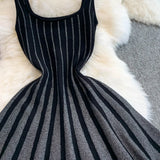 New Temperament Elegant Vertical Stripes To Close The Waist Thin Sling Dress Light Style Knitting Skirt