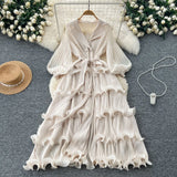 New Elegant Dress Spring Dress High-End Retro Collar Lantern Sleeves To Close Waist Lotus Leaves Side Pressure Skirt Dress