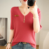 Toloer 2024 New Short Knit Women's Fashion Slim Short-Sleeve T-Shirt Thin Medium Sleeve Top-Outfit