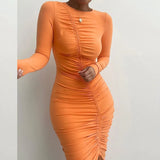 Women Drawstring Ruched Long Sleeve Dress Bodycon Autumn O Neck 2021 Vintage Streetwear Party Elegant Female