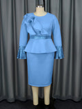 Round Collar Horn Sleeve Temperament Dress Party Wind Lotus Leaf Side Squint High Waist Dress