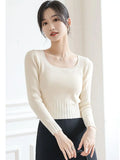 Bottomed Sweater New Style Foreign Style Autumn And Winter New Square Collar Short Style Sweater White Trim Inside Sweater-Outfit