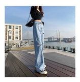 Toloer Hole High Waist Wide Leg Jeans For Girls Fall Students Straight Tube Loose Show Thin Design Sense Pants High Street Ins Tide-Outfit