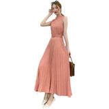 New Autumn And Winter Style Dress In Dongmen, South Korea, Round Collar, Sleeveless Lace-Up, Waist, Thin, Pleated Skirt, A-Shaped Skirt.-Outfit