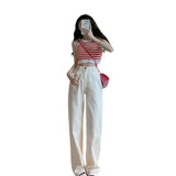 Toloer Size Women's Pear Wear With White Jeans Female Autumn Loose Wide Legs Show Thin Straight Down Pants-Outfit