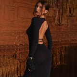 Blue Bodycon Long Sleeve Backless Maxi Dress-Outfit
