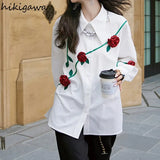Women 3D Floral Temperament Tops Office Lady Korean Fashion Loose Shirts 2023 Blusas Mujer De Moda Sweet White