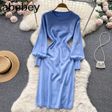 Women Autumn French Knitted Dress O Neck Long Sleeve Sheath Dress Office Lady Fashion Solid Mid Long Sweater