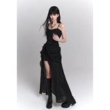 Women Black Elegant High Split Long Dress Strapless Neck Fashion Vintage Birthday Party Slip Evening Dress Summer Fashion-Outfit
