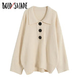 Bold Shade Oversized Button Long Sleeve Knitted Beige Pullover Sweaters Streetwear 2000s Vintage Trun-down Collar Jumpers