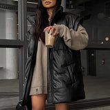 Stand Collar Side Pockets Black Vests Women Fashion Casual PU Coats Women Elegant Straight Simple Vests Female