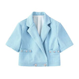 Women Fashion With Buttons Textured Cropped Jacket Coat Vintage Lapel Collar Short Sleeve Female Outerwear Chic