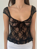 Retro Women Y2K Fairy Lace T-shirts Crop Top Mesh See-Through Slim Fit Tops Deep V-neck Backless Tees Streetwear 2023-Outfit