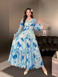 Dress Women 2025 New High-End Sense V-Neck Pearl Buckle Lantern Sleeves Wide Swing Print Long