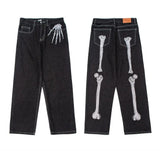 Street Skeleton Black Jeans Men's Hip-Hop Straight Loose Harajuku Casual Floor Jeans-Outfit