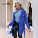 Simplee Elegant royal blue pocket sashes women winter parka Office shirt collar fashion quilted coats Za casual coat jacket