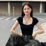 Lace Patchwork Crop T-shirt Women Vintage Streetwear Sexy Slim U Neck Tops Female Harajuku Korean Bow Chic Bottoming Tees-Outfit