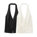 Toloer 2024 New Women's Fashion Simple V Neck Open Back Hanging Collar Vest Top 4772125-Outfit