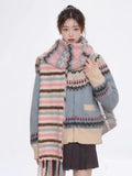 Blue Printed Stand Collar Knitted Cardigan-Outfit