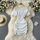 Drawstring Ruched Dress Women O Neck Short Sleeve Slim Dresses Summer Sexy Bodycon Party Short
