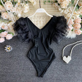 Women Ruffles Flying Sleeve Bodysuits 2022 Summer Fashion High Waist V Neck Casual Romper White Yellow