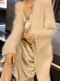 Women Soft Lady Mink Cashmere Sweater Coat Knitted Cardigan Loose Casual Overcoat Beaded Trimmed with Pearls Jacket