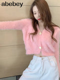 Fur Knit Cardigan Thin Sweater Coat Long Sleeve V-Neck Button Outfit Women Korean Cute Solid Pink White Crop Top