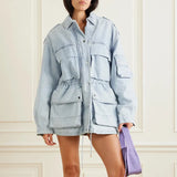 Toloer 2024 New Fashion Multi-Pocket Design Sense Waist Show Thin Long Work Style Denim Coat Female-Outfit