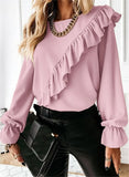 and Autumn Long Sleeve Ruffles Blouse Women Tops Loose Chiffon Shirt 2022 Korean Office O-neck Solid Fashion Blouse