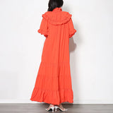 Vintage Red Patchwork Ruffle Long Dress Female Stand Collar Lantern Sleeve Loose Maxi Dresses For Women 2021