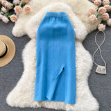 Solid Color Skirt Winter With Sweater High Waist Thin Temperament Open Elastic Knitted Hip Long