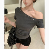 New Black Korean Version Of Irregular Slanted Shoulder Short-Sleeved T-Shirt Girls Summer Design Feel Hottie Repair