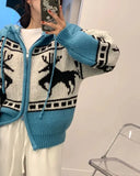 Deer Jacquard Hooded Knitting Zipper Cardigan-Outfit