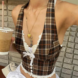Toloer Women's Summer 2024 New Fashion Sexy French Sweet Vintage Plaid Neck Hanging Vest