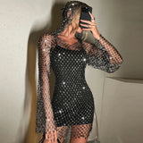 Toloer Diamond Flash Dress Sexy Hollow V Neck Hooded Long Sleeve Hip Dress