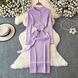 Fragrant High-End Autumn And Winter Round Collar With Thick Knitted Dress With Belts And Hips Skirt