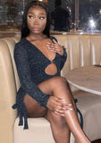 Winter Sexy Black Clip U Neck Long Sleeve Mini