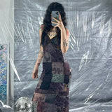 Toloer Floral Lace Stitching Chest V Neck Sling Dress Female V Neck Show Thin Gauze Dress Long Skirt-Outfit
