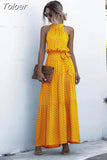 Long Dress Women Polka Dot Casual Beach Dresses Black Halter Strapless Yellow Sundress Vacation Dress Clothes For Women 618-0-Outfit
