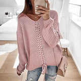 Toloer New Women Long Sleeves Loose V Neck Rope Exposed Back Jumper Knit Sweater Women's