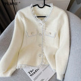 Fashion Ruffles Cashmere Cardigan Women Kawaii Sweet Crew Neck Short Sweater Coat Elegant Loose Long Sleeve Knitted