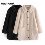 2021 Autumn Spring Casual Solid Lamb Fur Coat Women Long Sleeve Lady Fashion Pocket Jacket Turn Down Collar Teddy