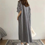 Plaid Shirt Women 2025 Spring And Summer Short-Sleeved Cotton Linen Super Long Over Knee Loose Ocean Gas