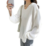 Concave Collar Long-Sleeved T-Shirt Female Spring And Autumn 2023 The New Korean Version Of Loose V-Neck Cotton Bottomed Shirt-Outfit
