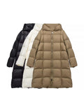 90 White Duck Velvet Long Down Jacket Female Winter New Loose Add Thick Fashion Square Pure Color Over The Knee Hooded Coat-Outfit
