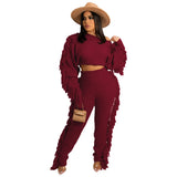 Toloer New Women's Wear Casual Solid Color Knit Long Sleeve Tassel Suit-Outfit