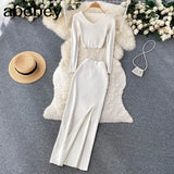 Autumn Fashion Two Pieces Suits V Neck Mini Top+ Hight Waist Slim Long Dress Women Streetwear Solid Knitted