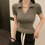 Polo Shirt Short Sleeve Straight Shoulder T-shirt Women New Short Tees Spicy Girls Design Sense Small People Slim Tops-Outfit