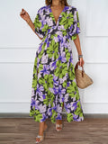 New Floral Print Dress Tight Belt V-Neck Short-Sleeved Dress