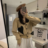 2022 Autumn Winter Women V-Neck Knit Cardigan Heart Patch Ladies Long Sleeve Single-Breasted Sweater Outwear Female Knitwear